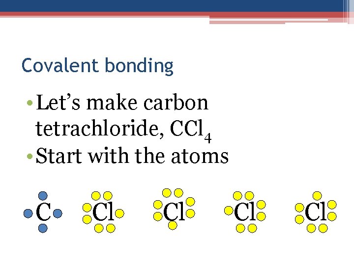 Covalent bonding • Let’s make carbon tetrachloride, CCl 4 • Start with the atoms