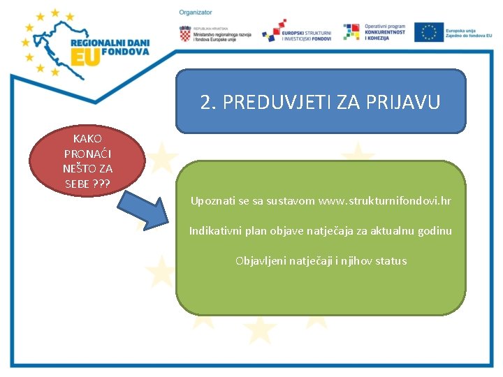 2. PREDUVJETI ZA PRIJAVU KAKO PRONAĆI NEŠTO ZA SEBE ? ? ? Upoznati se