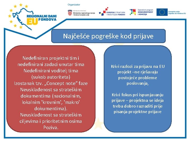 Najčešće pogreške kod prijave Nedefiniran projektni tim i nedefinirani zadaci unutar tima Nedefinirani voditelj