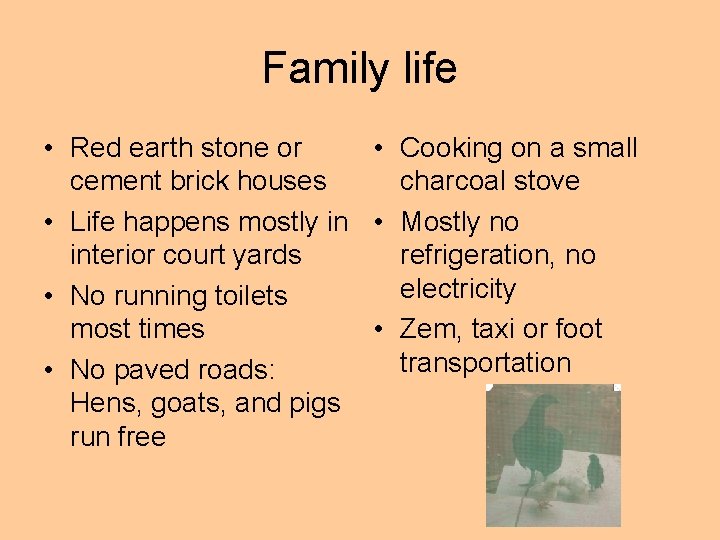 Family life • Red earth stone or • Cooking on a small cement brick