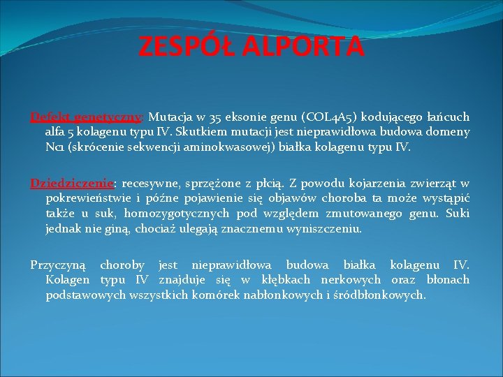 ZESPÓŁ ALPORTA Defekt genetyczny: Mutacja w 35 eksonie genu (COL 4 A 5) kodującego