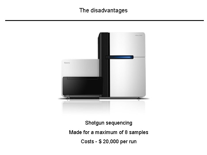 The disadvantages Shotgun sequencing Made for a maximum of 8 samples Costs - $