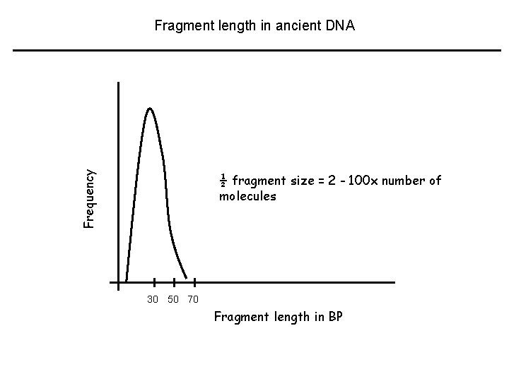 Frequency Fragment length in ancient DNA ½ fragment size = 2 - 100 x