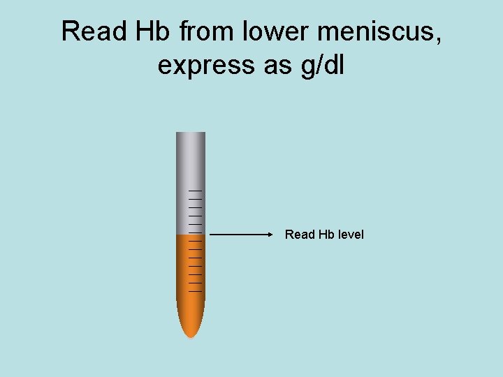 Read Hb from lower meniscus, express as g/dl Read Hb level 