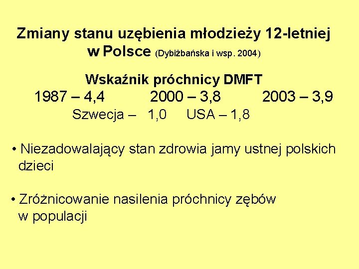 Zmiany stanu uzębienia młodzieży 12 -letniej w Polsce (Dybiżbańska i wsp. 2004) Wskaźnik próchnicy