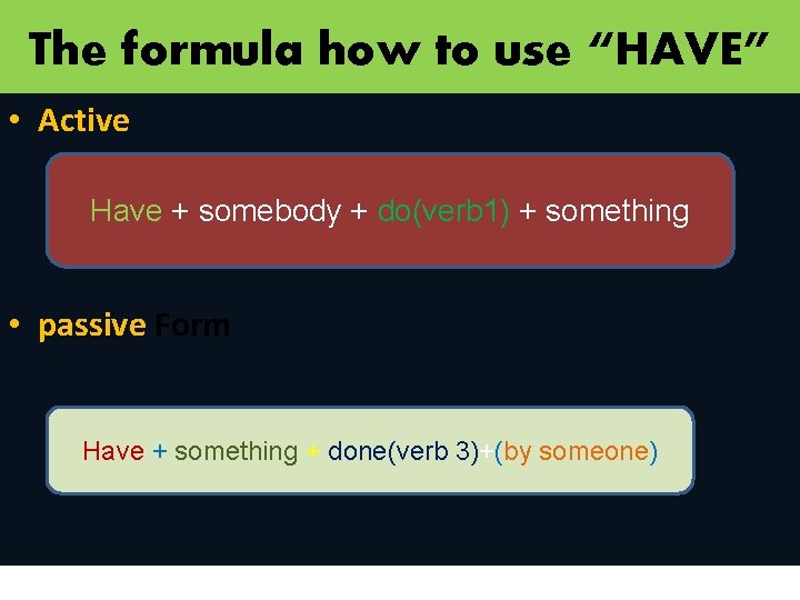The formula how to use “HAVE” • Active Have + somebody + do(verb 1)