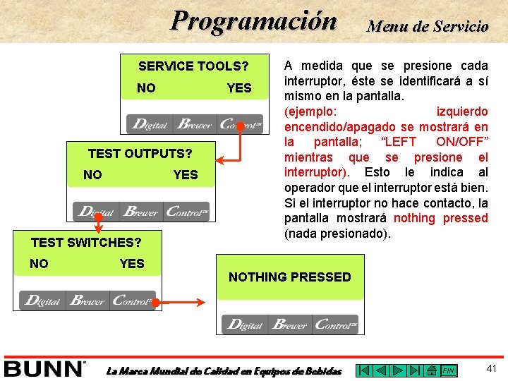 Programación SERVICE TOOLS? NO YES TEST OUTPUTS? NO YES TEST SWITCHES? NO YES Menu