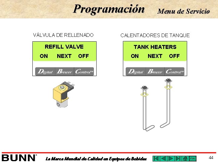 Programación Menu de Servicio VÁLVULA DE RELLENADO CALENTADORES DE TANQUE REFILL VALVE TANK HEATERS