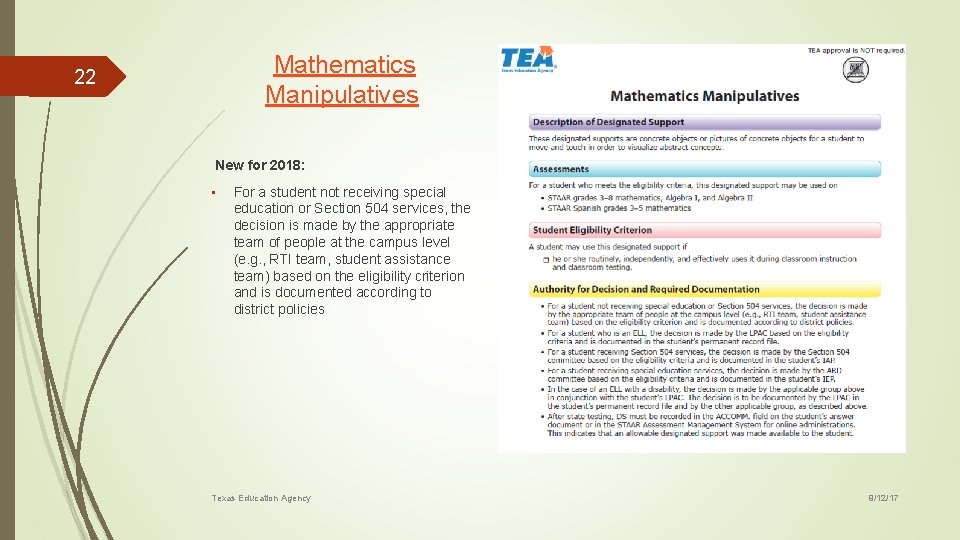  Mathematics 22 Manipulatives New for 2018: • For a student not receiving special