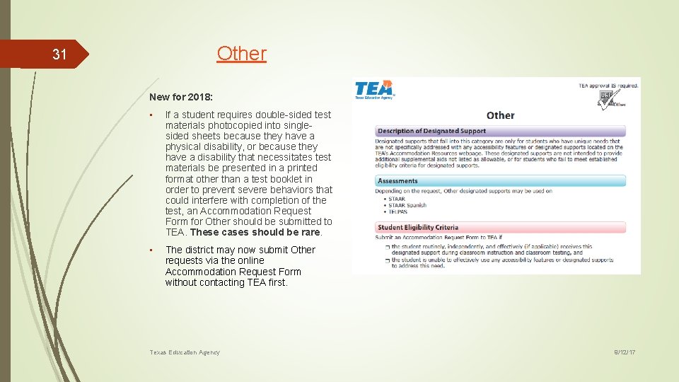 Other 31 New for 2018: • If a student requires double-sided test materials photocopied