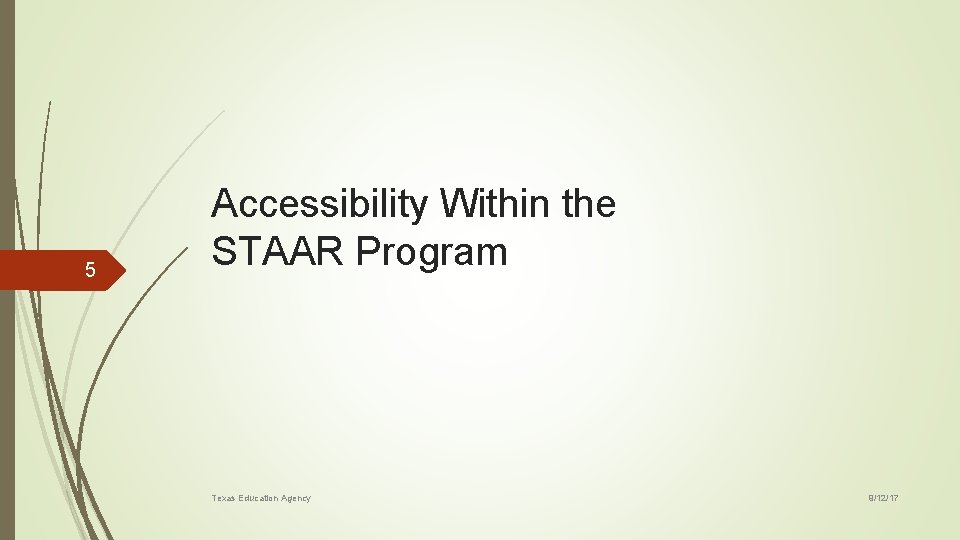 5 Accessibility Within the STAAR Program Texas Education Agency 9/12/17 