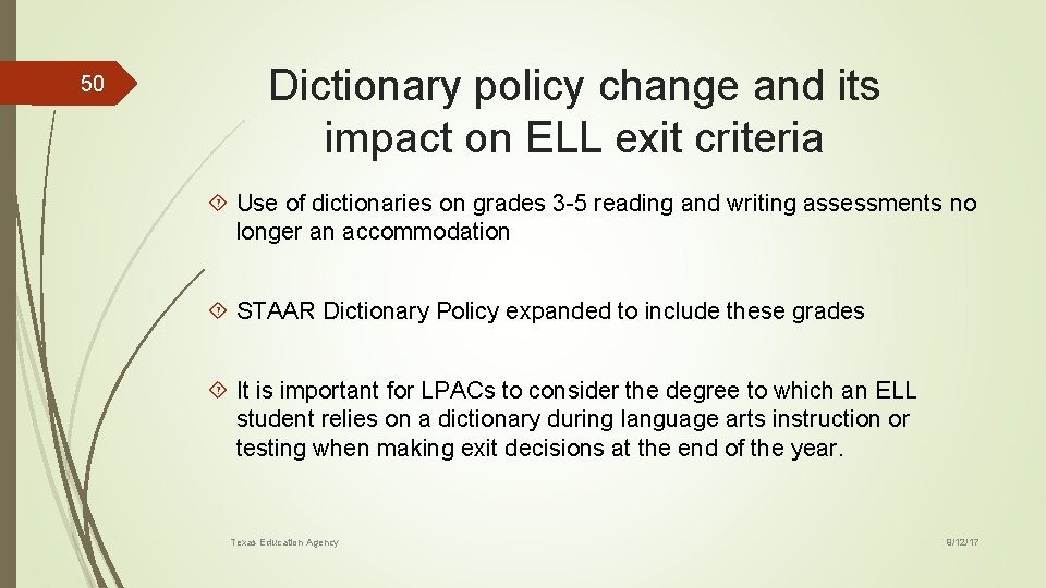 50 Dictionary policy change and its impact on ELL exit criteria Use of dictionaries