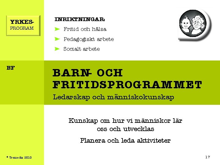 YRKESPROGRAM INRIKTNINGAR: Fritid och hälsa Pedagogiskt arbete Socialt arbete BF BARN- OCH FRITIDSPROGRAMMET Ledarskap