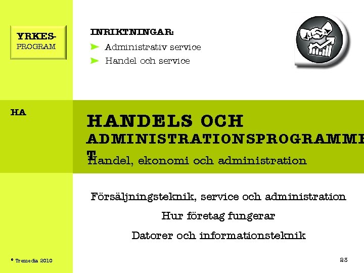 YRKESPROGRAM INRIKTNINGAR: Administrativ service Handel och service HA HANDELS- OCH ADMINISTRATIONSPROGRAMME T Handel, ekonomi