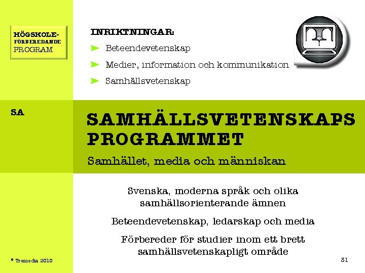 HÖGSKOLE- FÖRBEREDANDE PROGRAM INRIKTNINGAR: Beteendevetenskap Medier, information och kommunikation Samhällsvetenskap SA SAMHÄLLSVETENSKAPS PROGRAMMET Samhället,