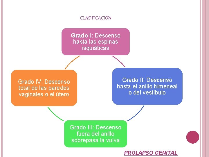 CLASIFICACIÓN Grado I: Descenso hasta las espinas isquiáticas Grado IV: Descenso total de las