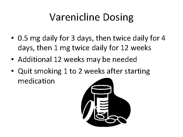 Varenicline Dosing • 0. 5 mg daily for 3 days, then twice daily for