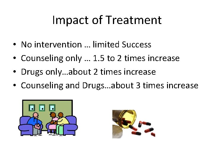 Impact of Treatment • • No intervention … limited Success Counseling only … 1.