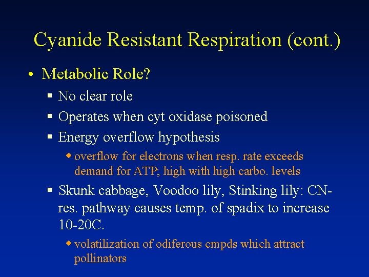 Cyanide Resistant Respiration (cont. ) • Metabolic Role? § No clear role § Operates