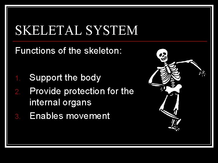 SKELETAL SYSTEM Functions of the skeleton: 1. 2. 3. Support the body Provide protection