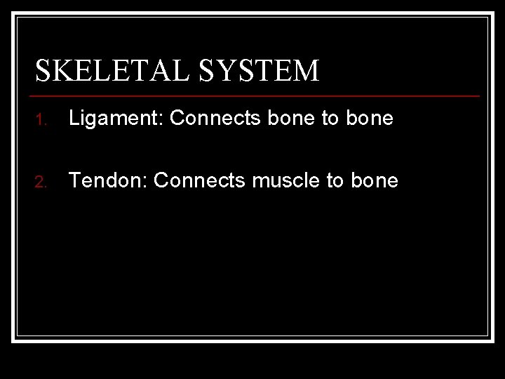 SKELETAL SYSTEM 1. Ligament: Connects bone to bone 2. Tendon: Connects muscle to bone