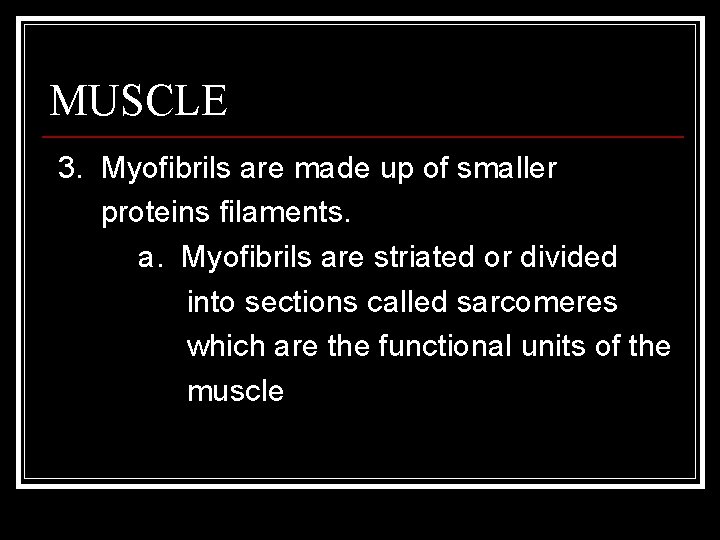 MUSCLE 3. Myofibrils are made up of smaller proteins filaments. a. Myofibrils are striated