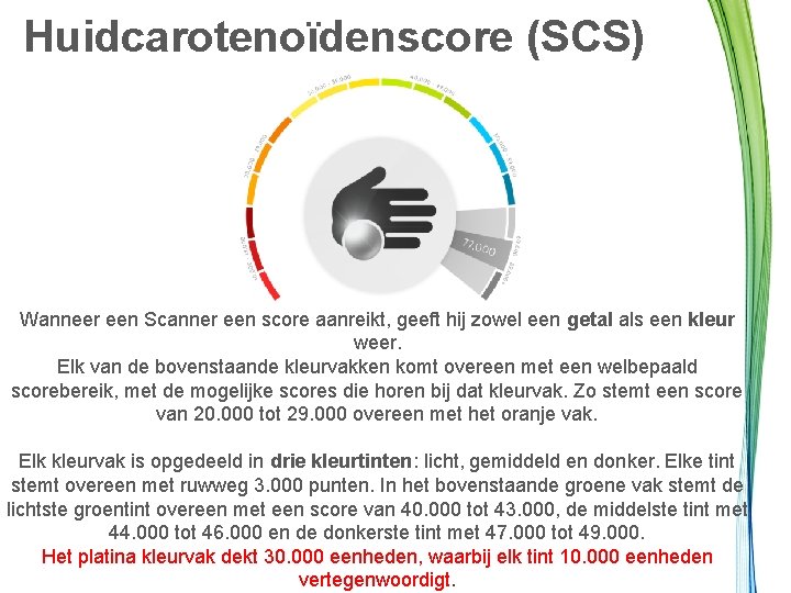 Huidcarotenoïdenscore (SCS) Wanneer een Scanner een score aanreikt, geeft hij zowel een getal als