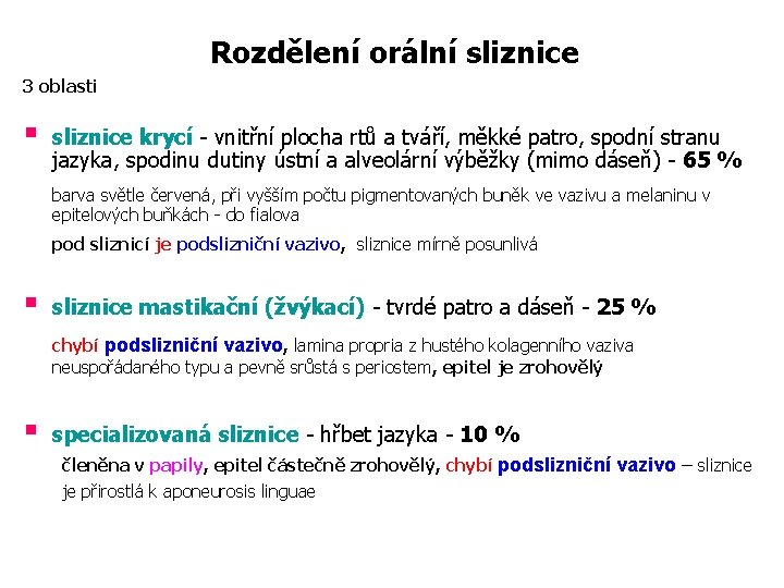 Rozdělení orální sliznice 3 oblasti § sliznice krycí - vnitřní plocha rtů a tváří,