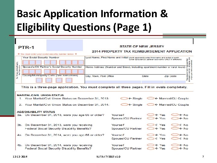 Basic Application Information & Eligibility Questions (Page 1) 12 -12 -2016 NJ TAX TY