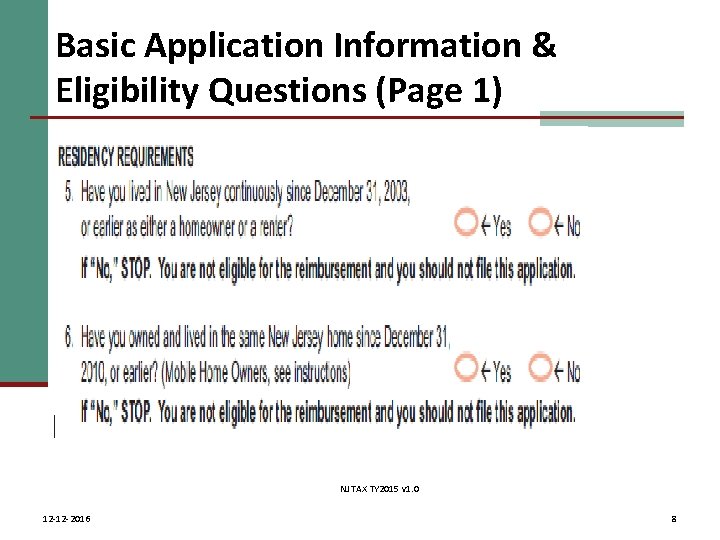 Basic Application Information & Eligibility Questions (Page 1) NJ TAX TY 2015 v 1.