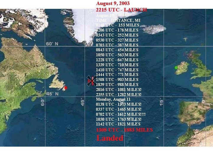 August 9, 2003 2215 UTC - LAUNCH August 10 TIME DISTANCE, MI 0140 UTC