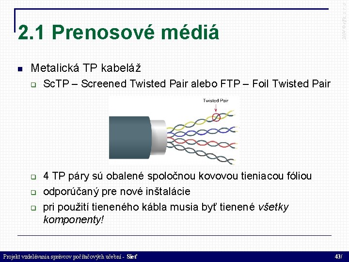  2004 © elfa, s. r. o 2. 1 Prenosové médiá Metalická TP kabeláž