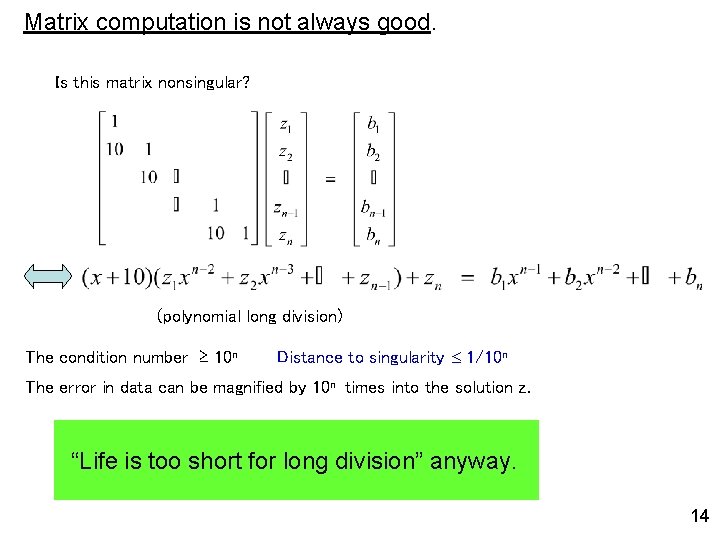 Matrix computation is not always good. Is this matrix nonsingular? (polynomial long division) The