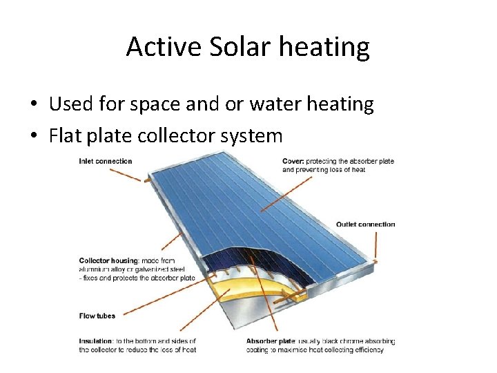 Active Solar heating • Used for space and or water heating • Flat plate