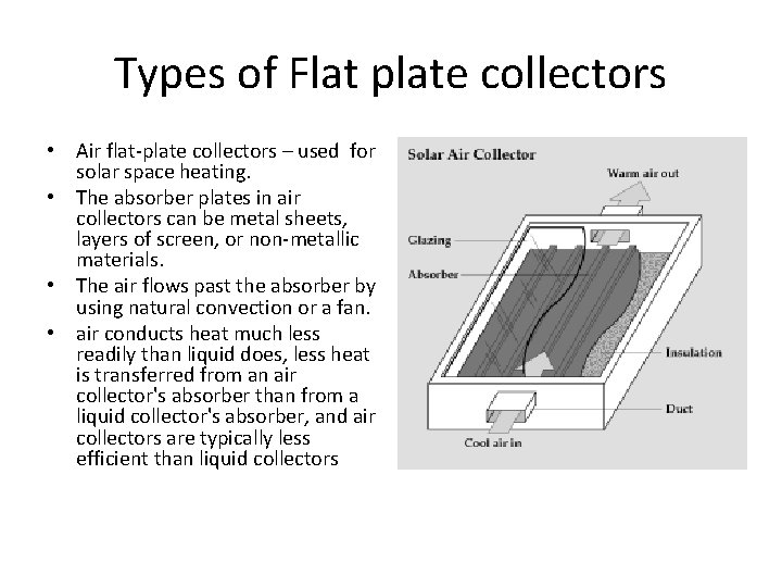 Types of Flat plate collectors • Air flat-plate collectors – used for solar space
