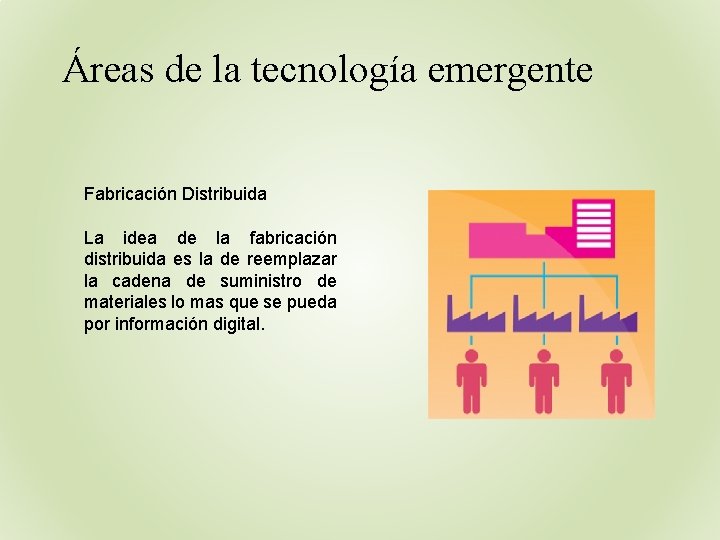 Áreas de la tecnología emergente Fabricación Distribuida La idea de la fabricación distribuida es