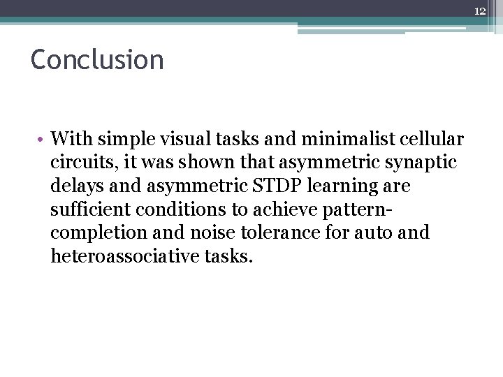 12 Conclusion • With simple visual tasks and minimalist cellular circuits, it was shown