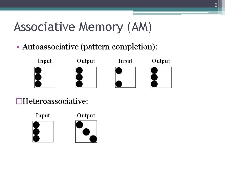 2 Associative Memory (AM) • Autoassociative (pattern completion): Input Output �Heteroassociative: Input Output 