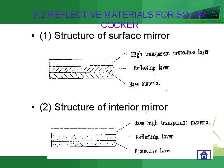 9. 2 REFLECTIVE MATERIALS FOR SOLAR COOKER • (1) Structure of surface mirror •