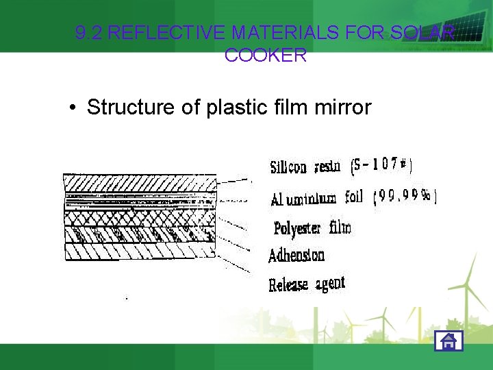 9. 2 REFLECTIVE MATERIALS FOR SOLAR COOKER • Structure of plastic film mirror 