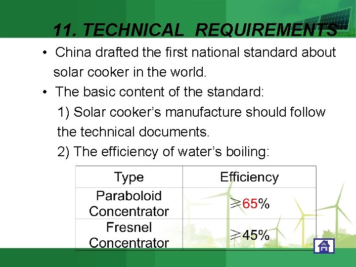 11. TECHNICAL REQUIREMENTS • China drafted the first national standard about solar cooker in