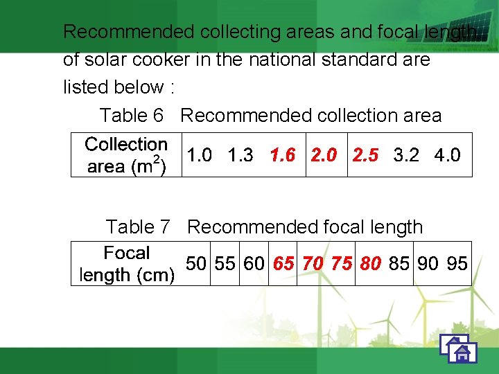 Recommended collecting areas and focal length of solar cooker in the national standard are