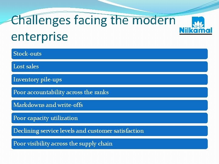 Challenges facing the modern enterprise Stock-outs Lost sales Inventory pile-ups Poor accountability across the