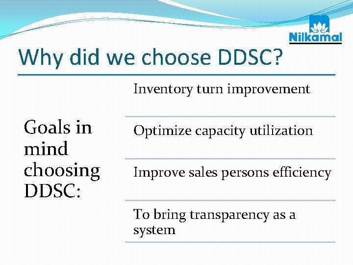 Why did we choose DDSC? Inventory turn improvement Goals in mind choosing DDSC: Optimize