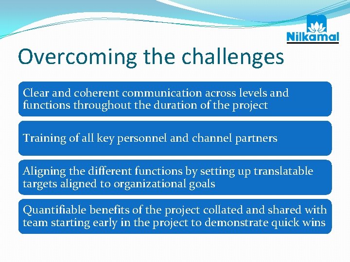 Overcoming the challenges Clear and coherent communication across levels and functions throughout the duration