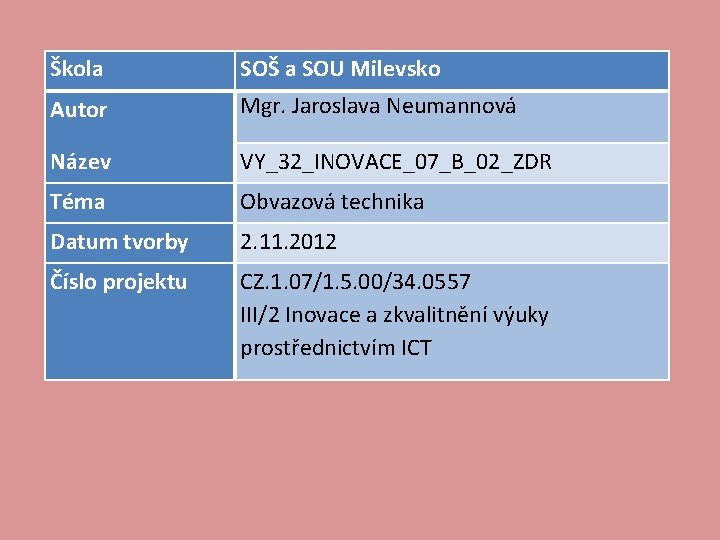 Škola SOŠ a SOU Milevsko Autor Mgr. Jaroslava Neumannová Název VY_32_INOVACE_07_B_02_ZDR Téma Obvazová technika