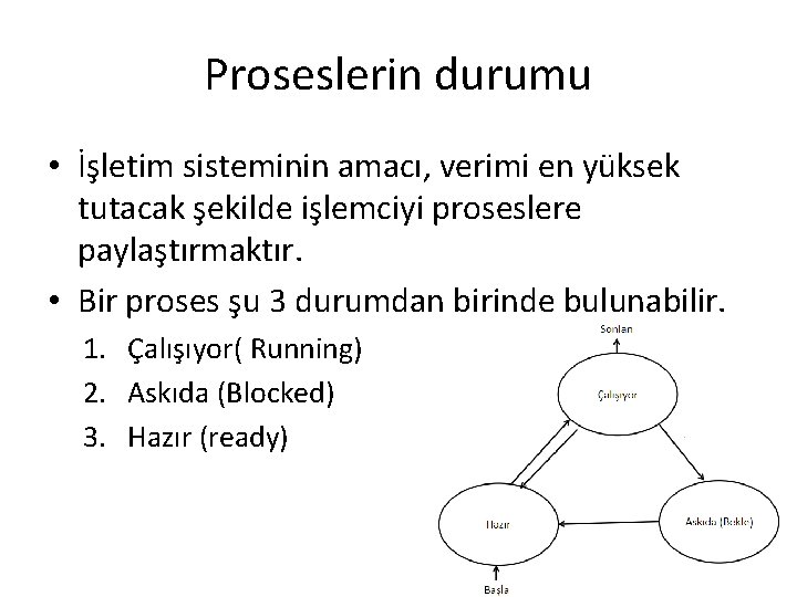 Proseslerin durumu • İşletim sisteminin amacı, verimi en yüksek tutacak şekilde işlemciyi proseslere paylaştırmaktır.