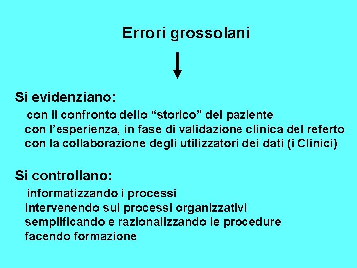 Errori grossolani Si evidenziano: con il confronto dello “storico” del paziente con l’esperienza, in