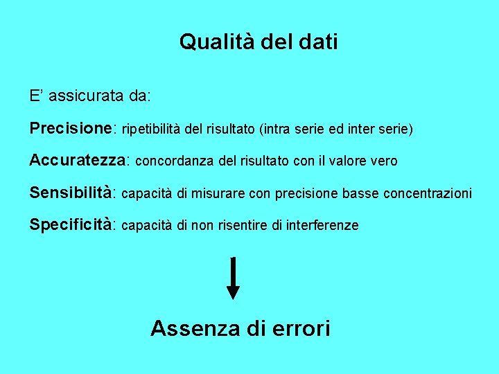 Qualità del dati E’ assicurata da: Precisione: ripetibilità del risultato (intra serie ed inter