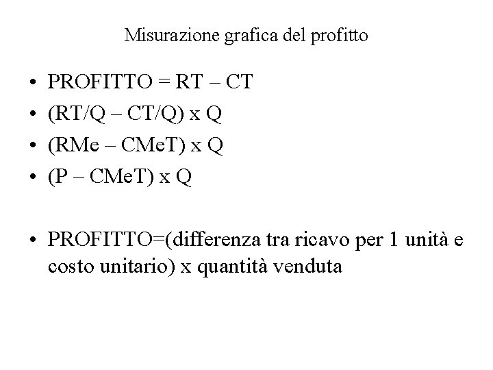 Misurazione grafica del profitto • • PROFITTO = RT – CT (RT/Q – CT/Q)